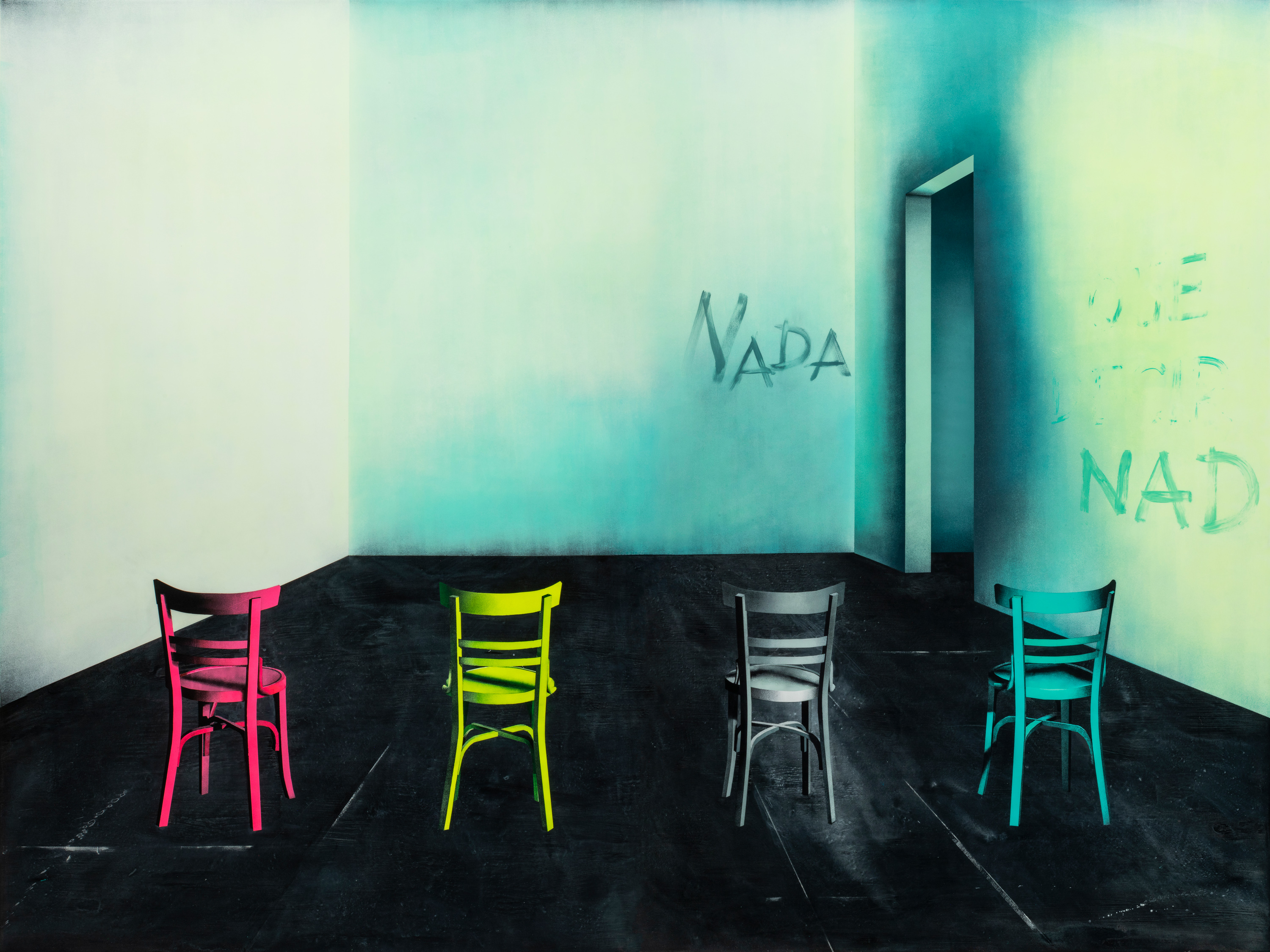 <b><i>Nada que decir.</b></i> 2024. Díptico, 175 x 250 cm. 2024 T. Mixta / Aluminio. (Acrílico y resina epoxi / Aluminio).
                